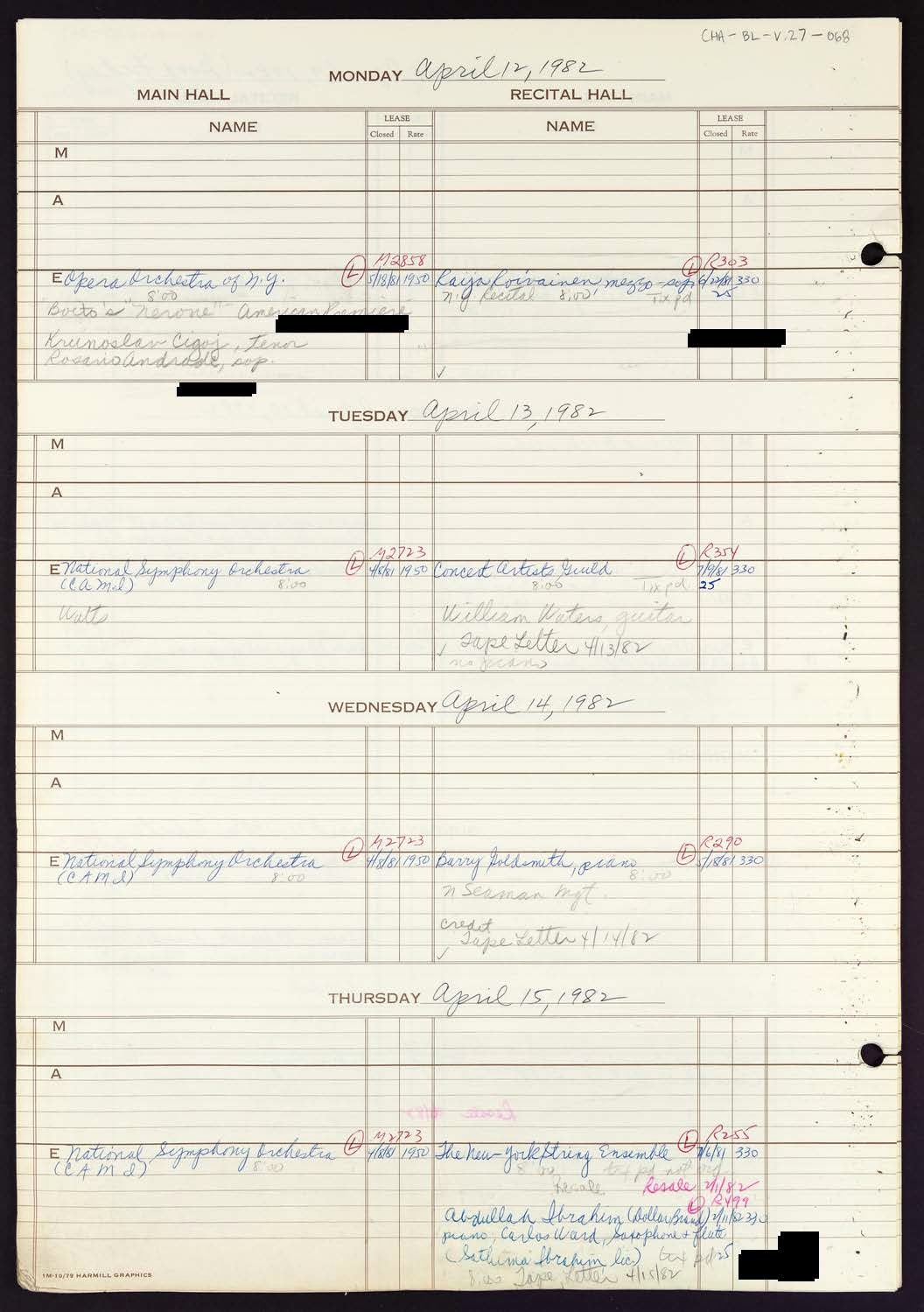 Carnegie Hall Booking Ledger, volume 27, page 68