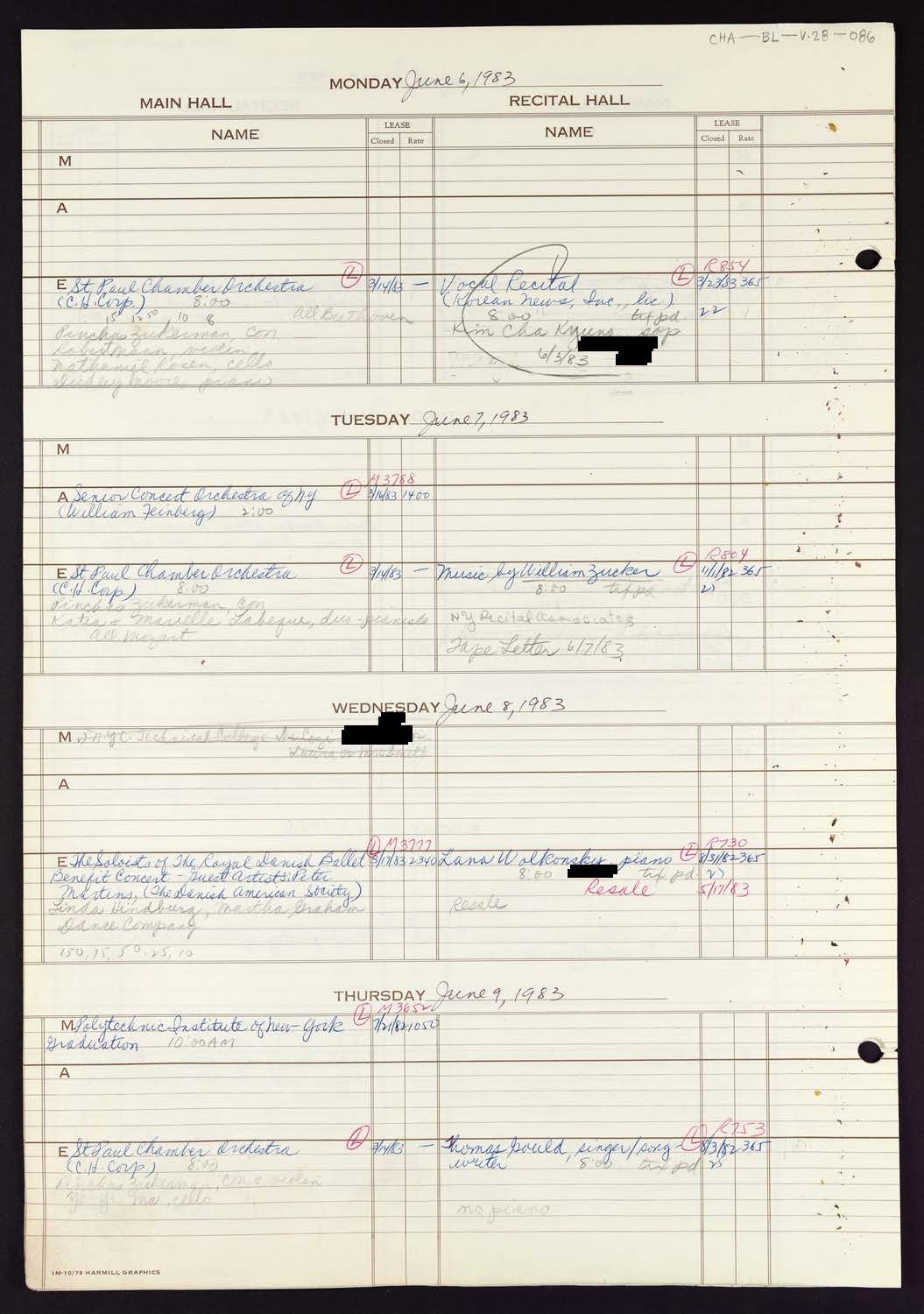 Carnegie Hall Booking Ledger, volume 28, page 86