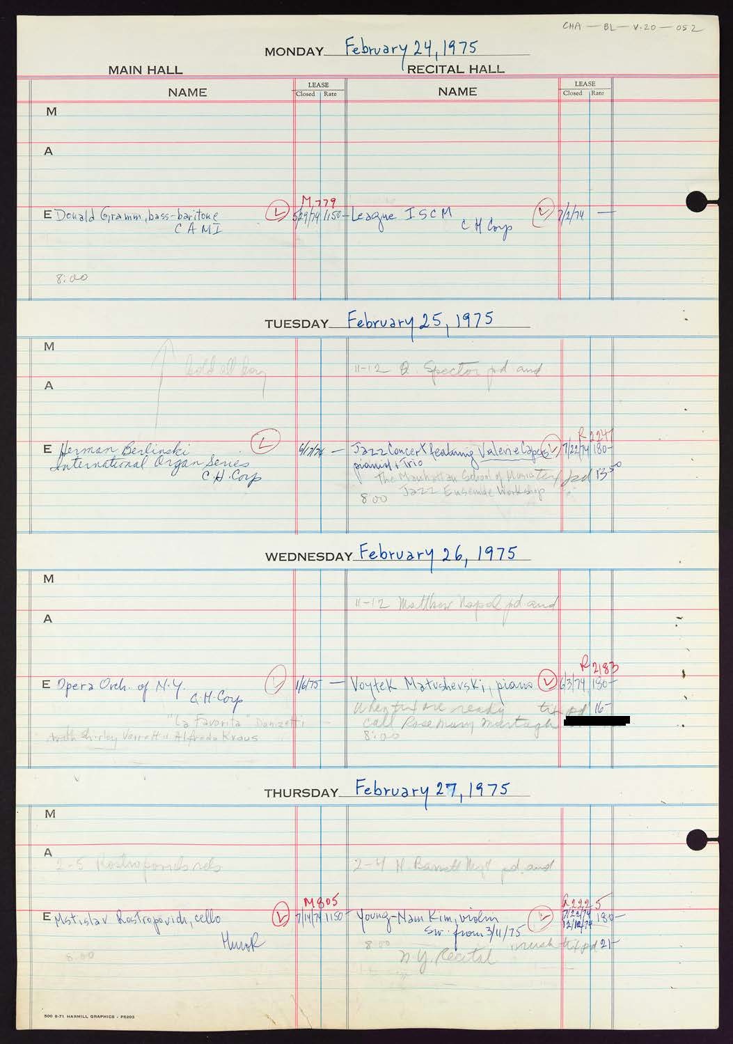 Carnegie Hall Booking Ledger, volume 20, page 52