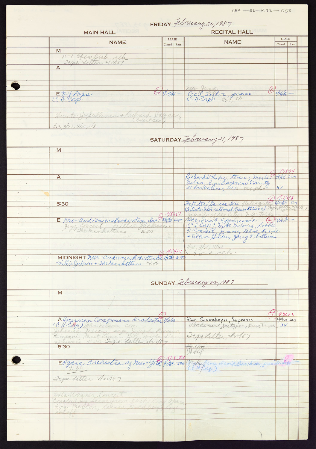 Carnegie Hall Booking Ledger, volume 32, page 53