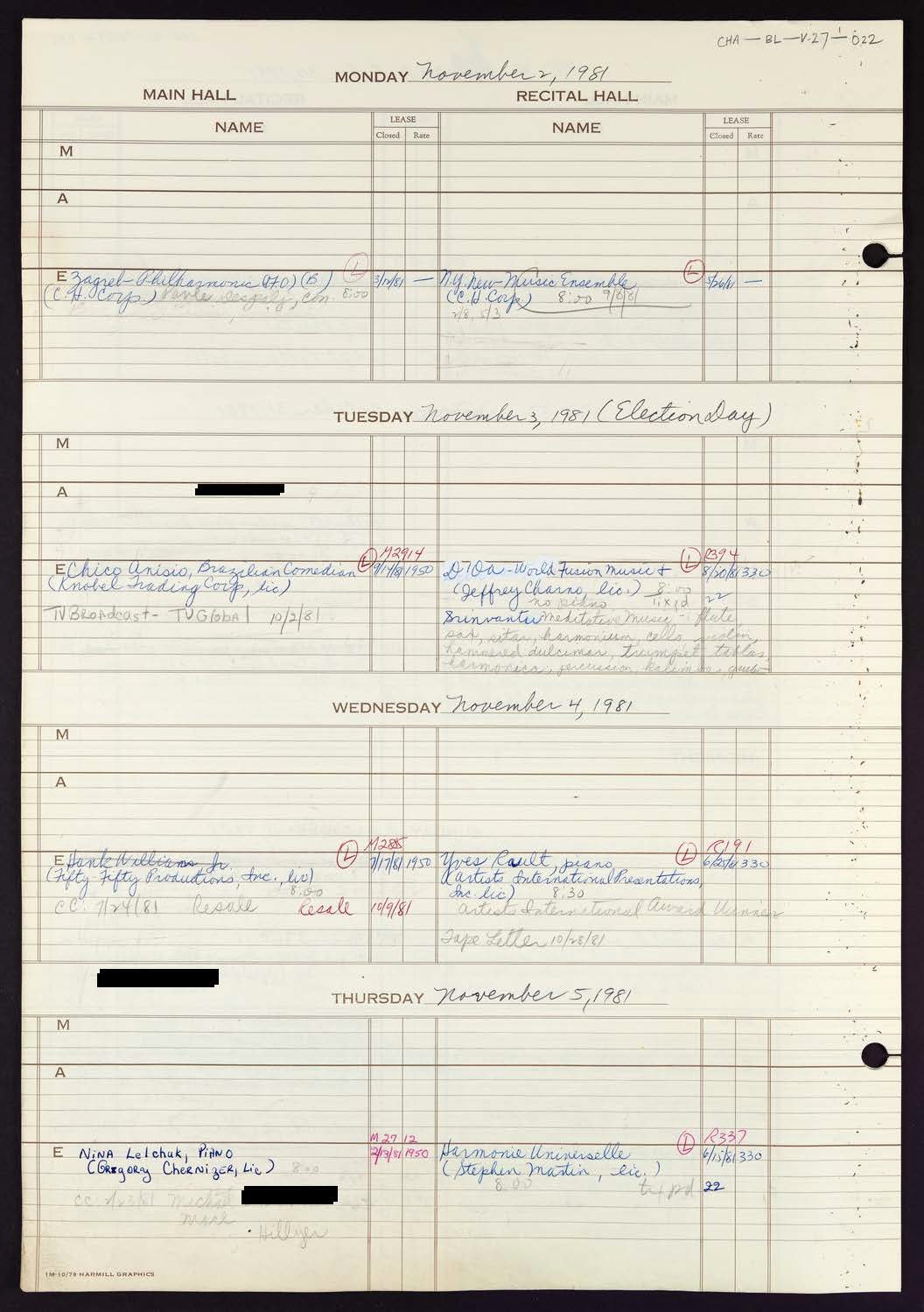 Carnegie Hall Booking Ledger, volume 27, page 22