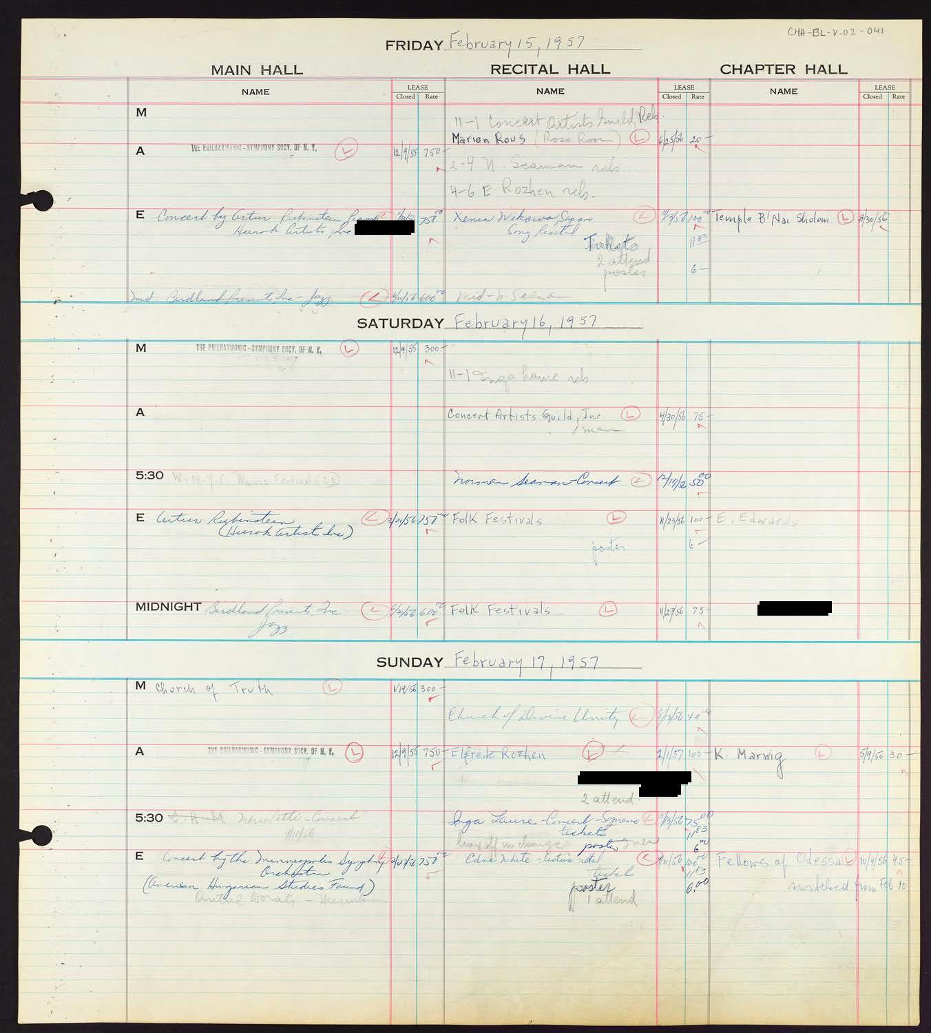 Carnegie Hall Booking Ledger, volume 2, page 41