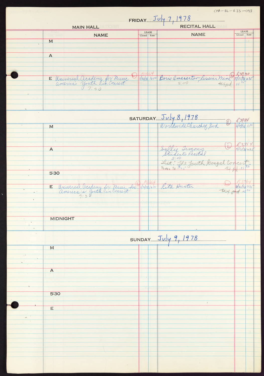 Carnegie Hall Booking Ledger, volume 23, page 93