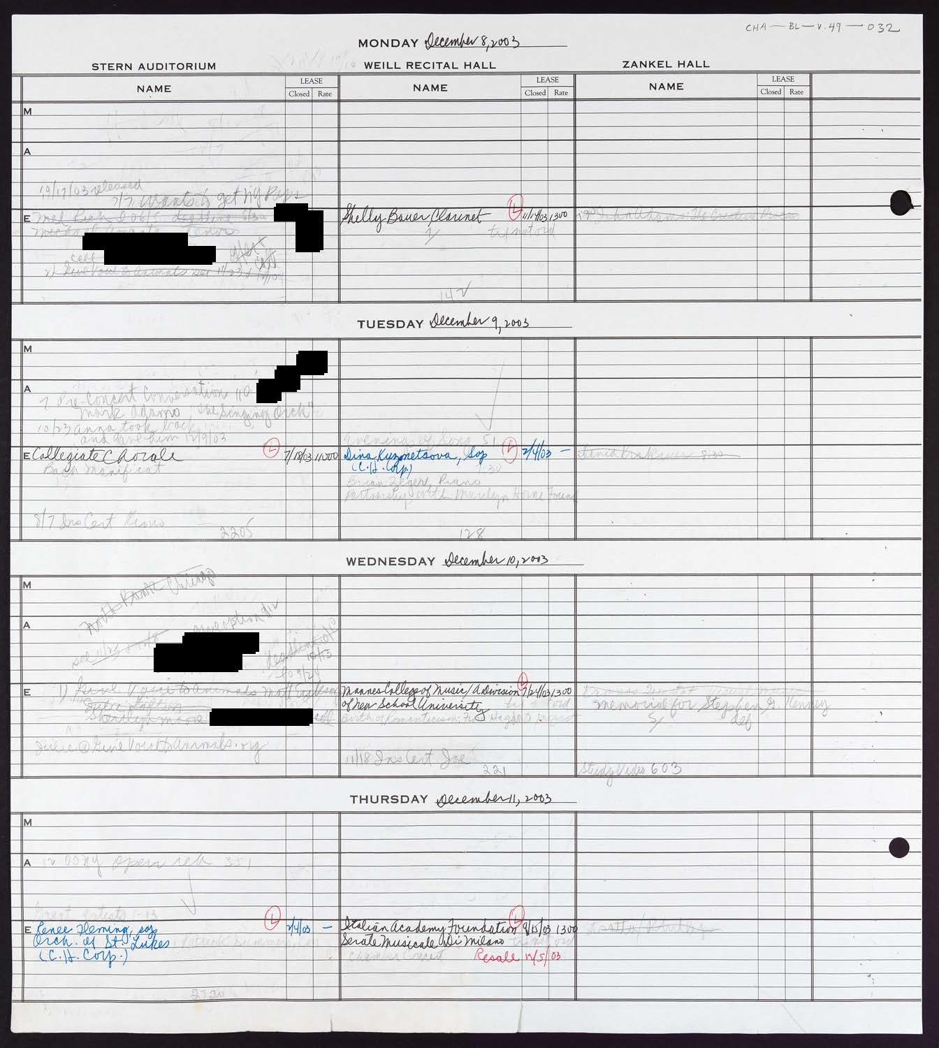 Carnegie Hall Booking Ledger, volume 49, page 32