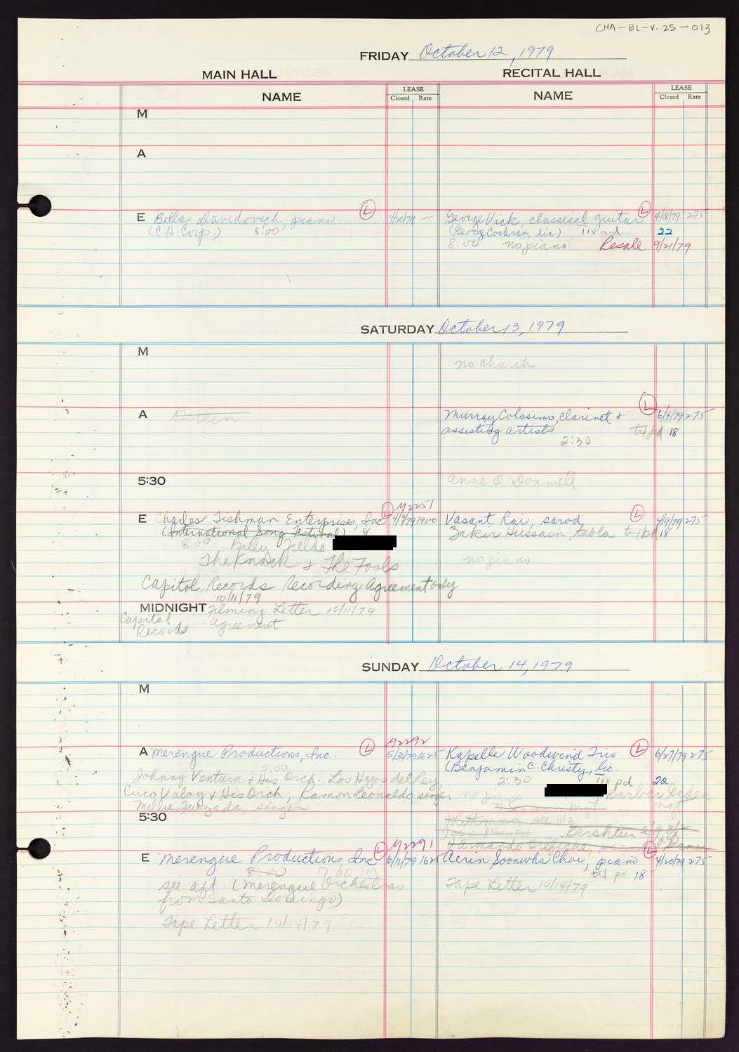 Carnegie Hall Booking Ledger, volume 25, page 13