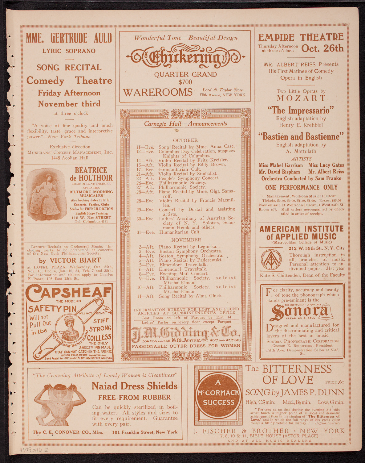 Johanna Gadski, Soprano, October 8, 1916, program page 3