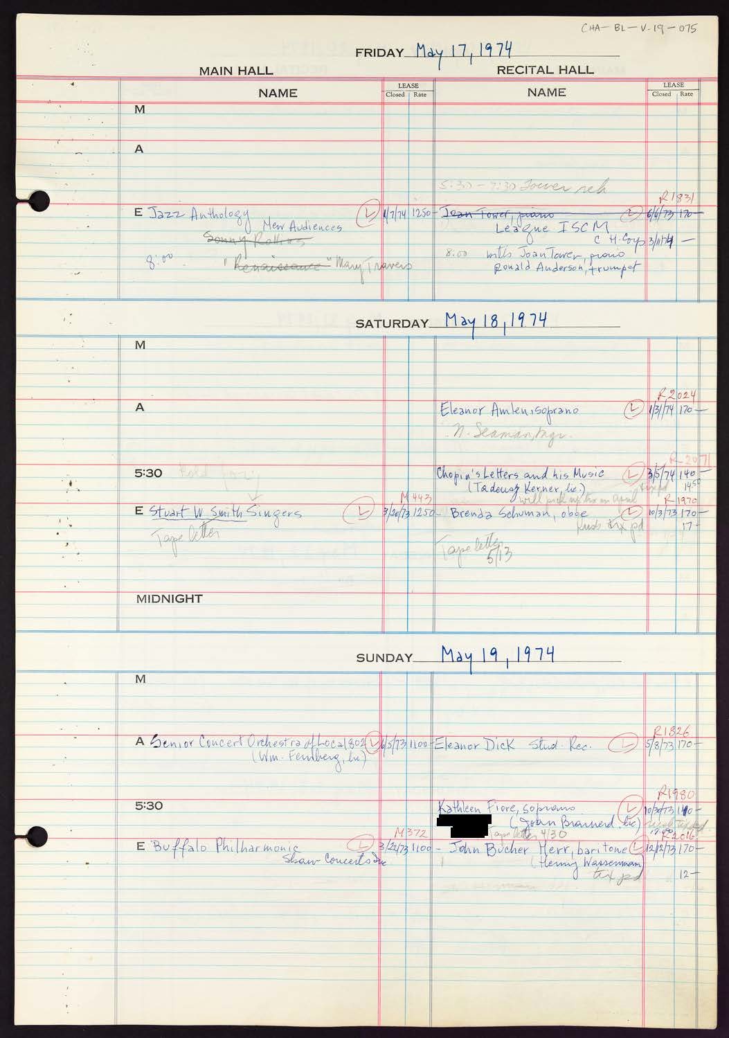 Carnegie Hall Booking Ledger, volume 19, page 75