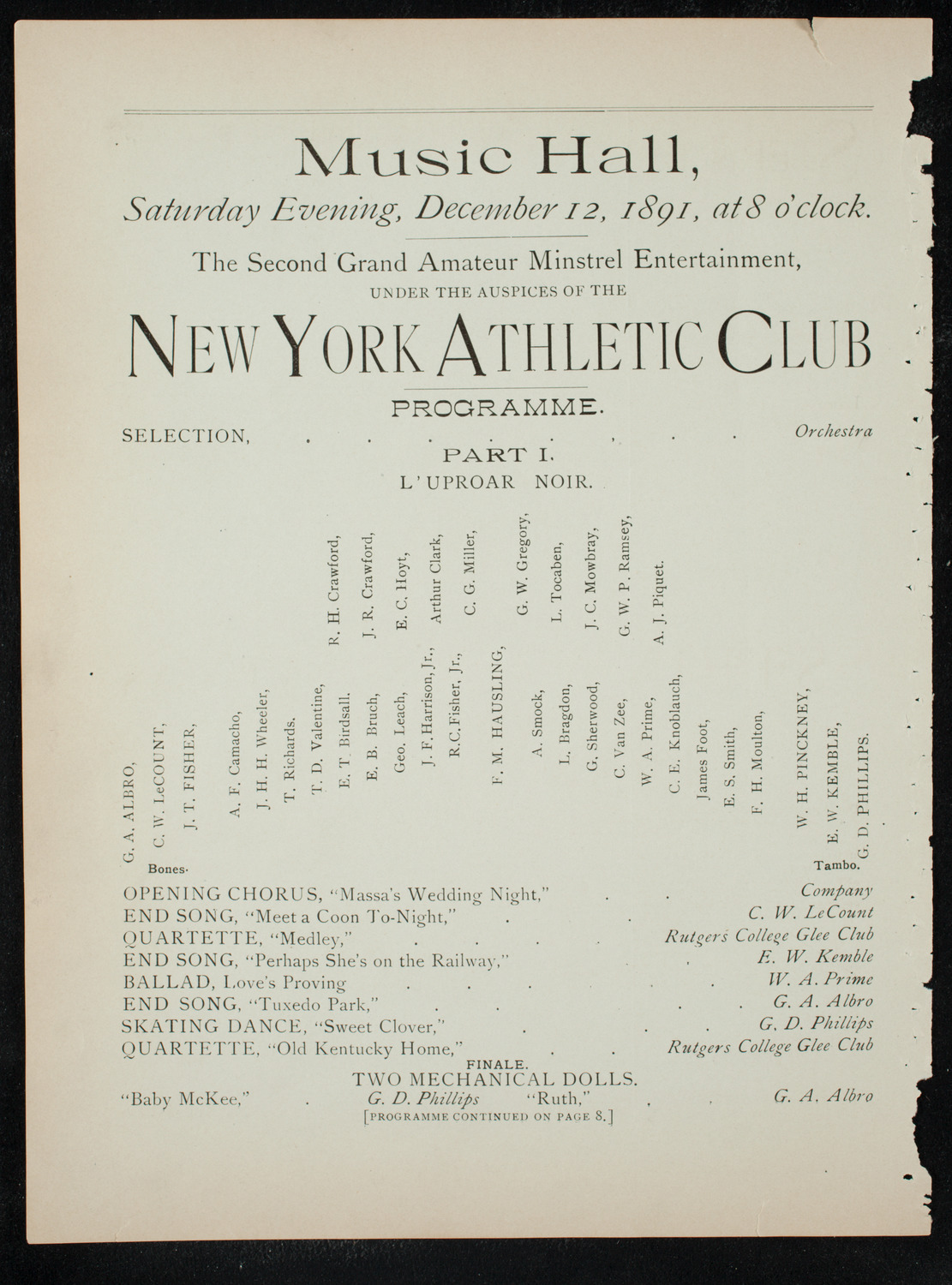 New York Athletic Club Amateur Minstrel Show, December 12, 1891, program page 6