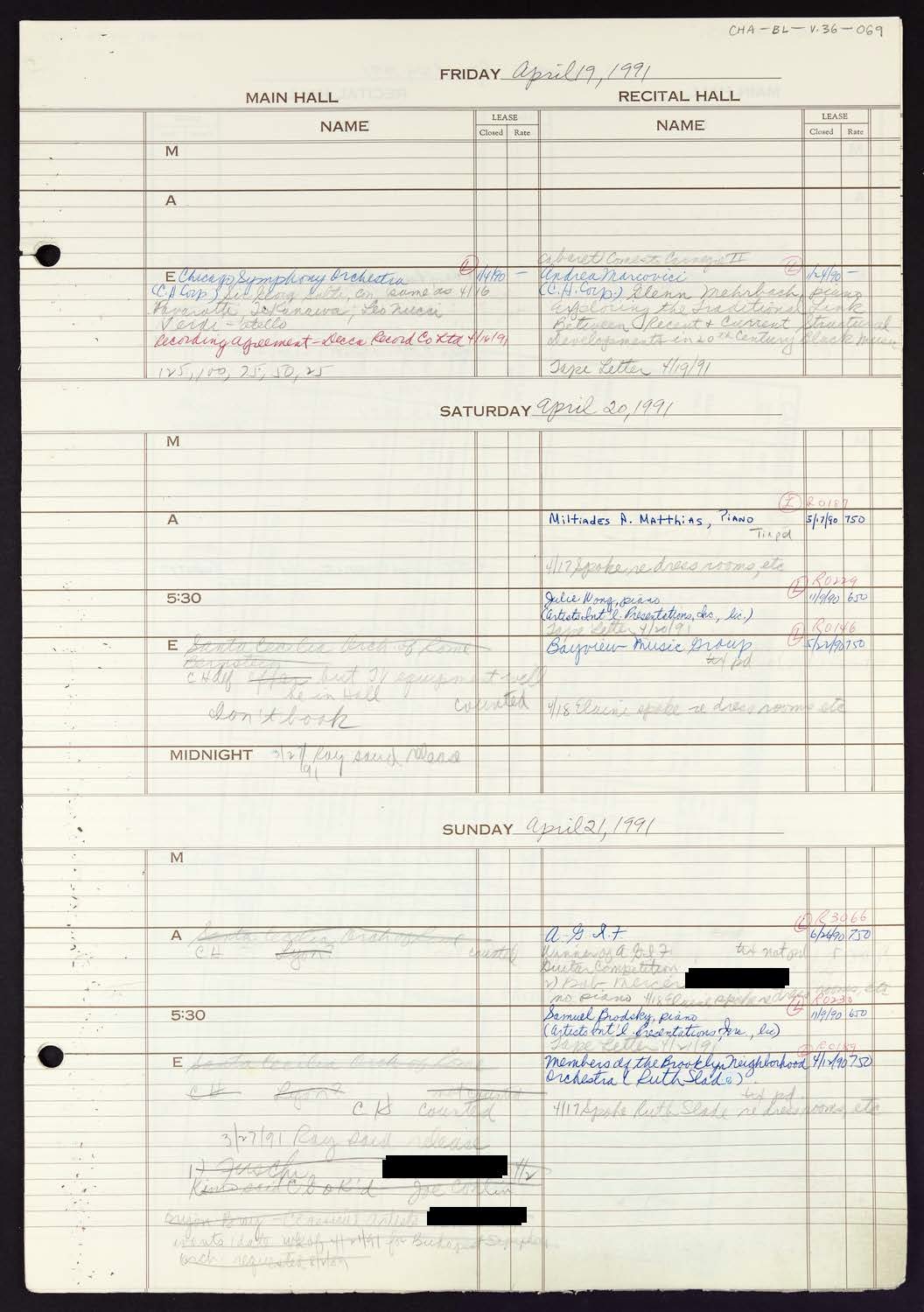 Carnegie Hall Booking Ledger, volume 36, page 69