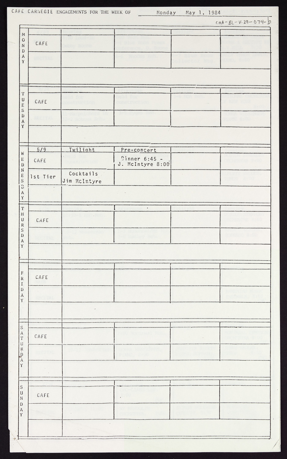 Carnegie Hall Booking Ledger, volume 29, page 74b