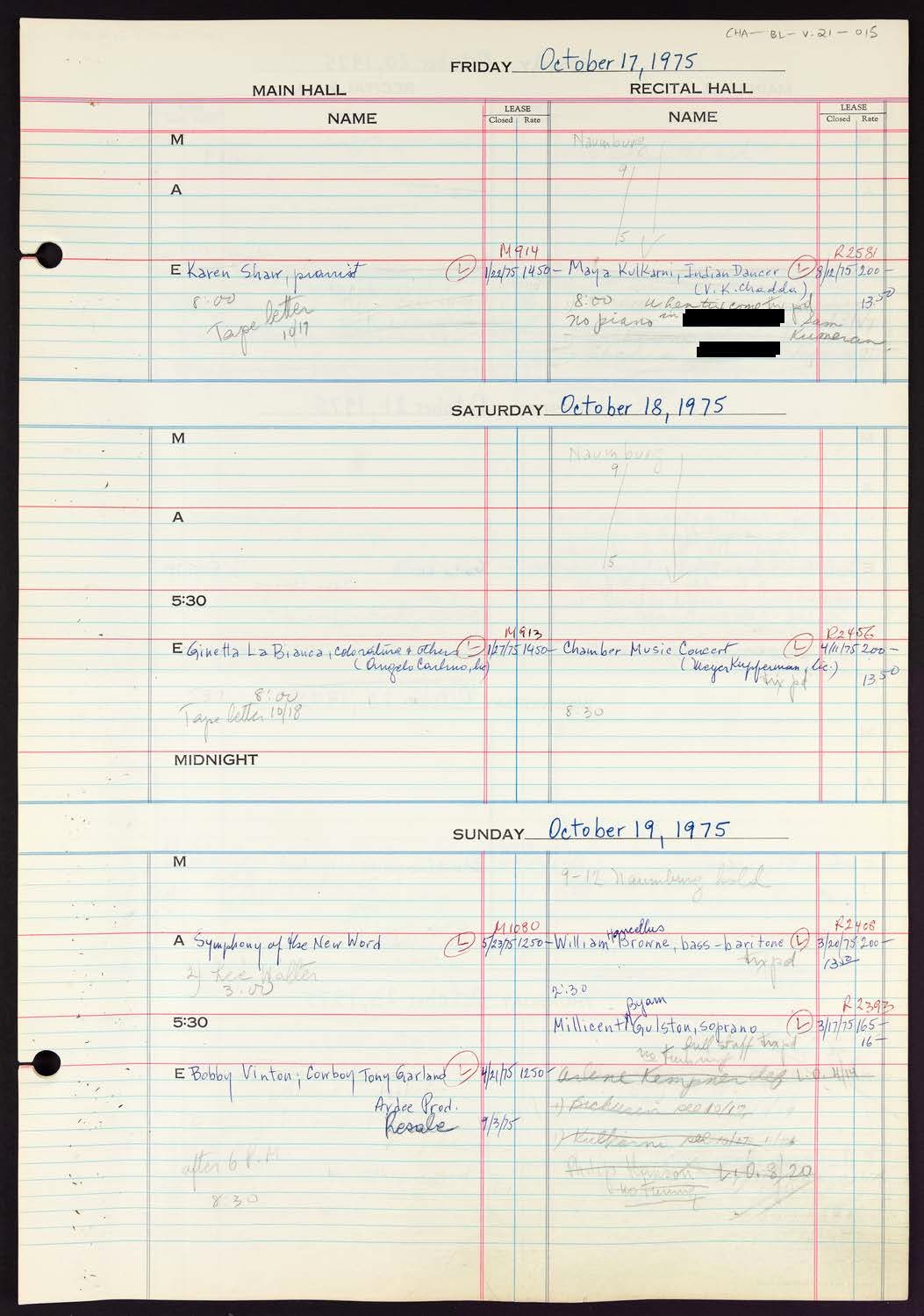 Carnegie Hall Booking Ledger, volume 21, page 15