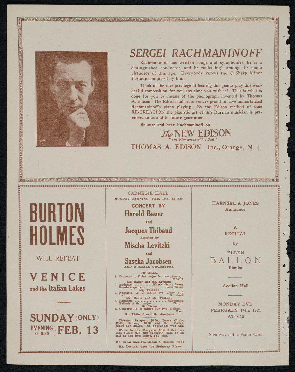 New York Philharmonic, February 13, 1921, program page 2