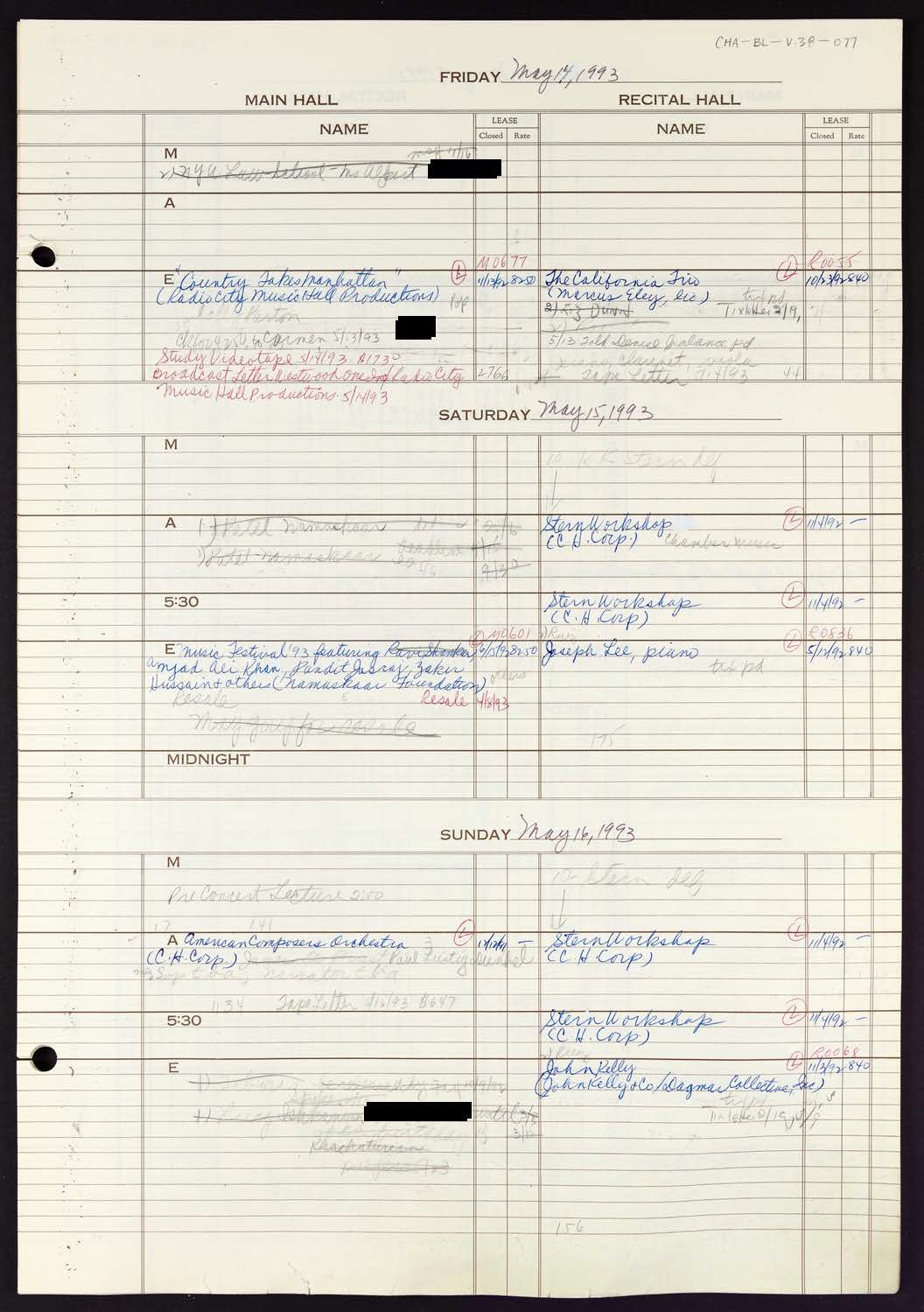 Carnegie Hall Booking Ledger, volume 38, page 77