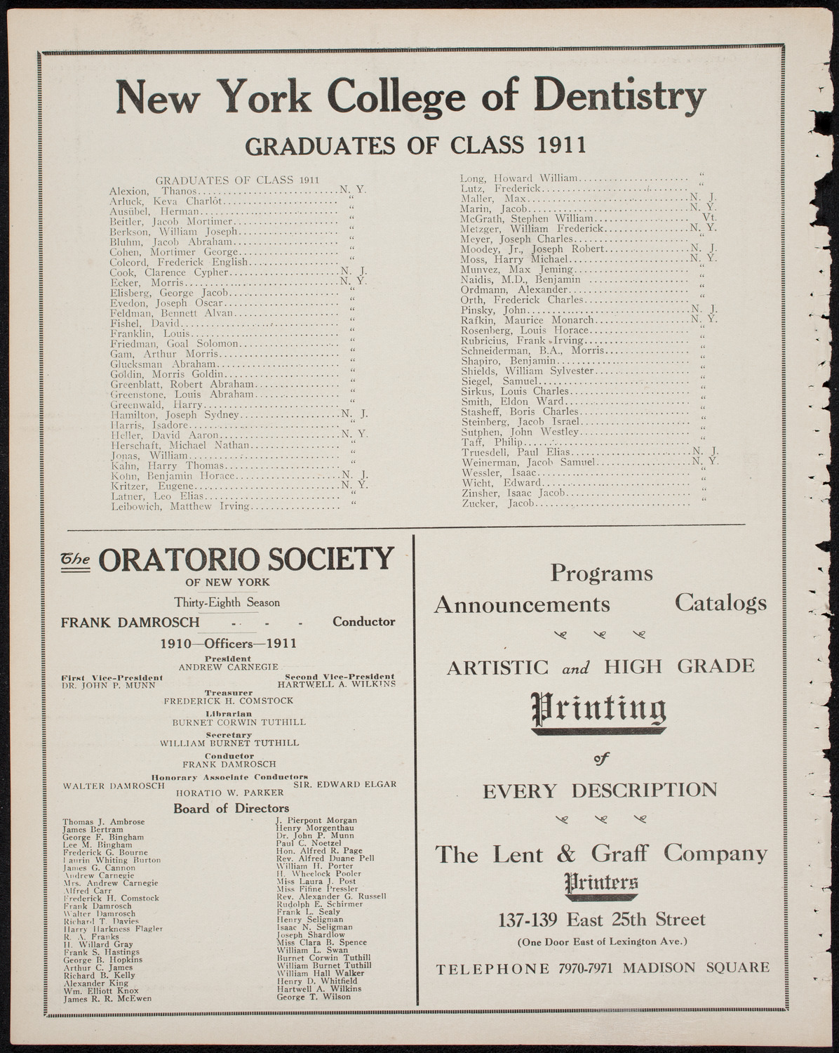 Graduation: New York College of Dentistry, June 5, 1911, program page 10