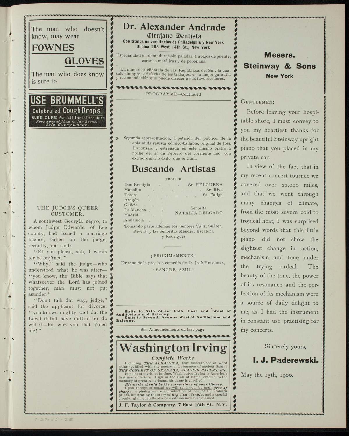 Compaña Cómico-Drámatica, April 29, 1905, program page 3