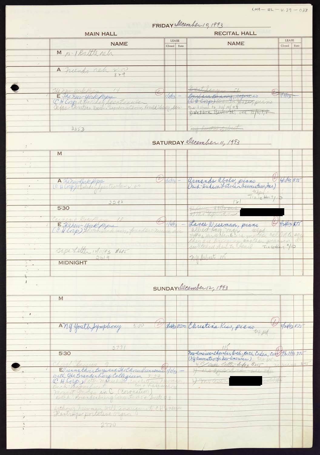 Carnegie Hall Booking Ledger, volume 39, page 33