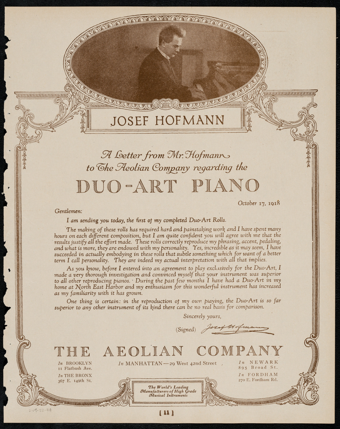 New York Philharmonic, February 19, 1922, program page 11