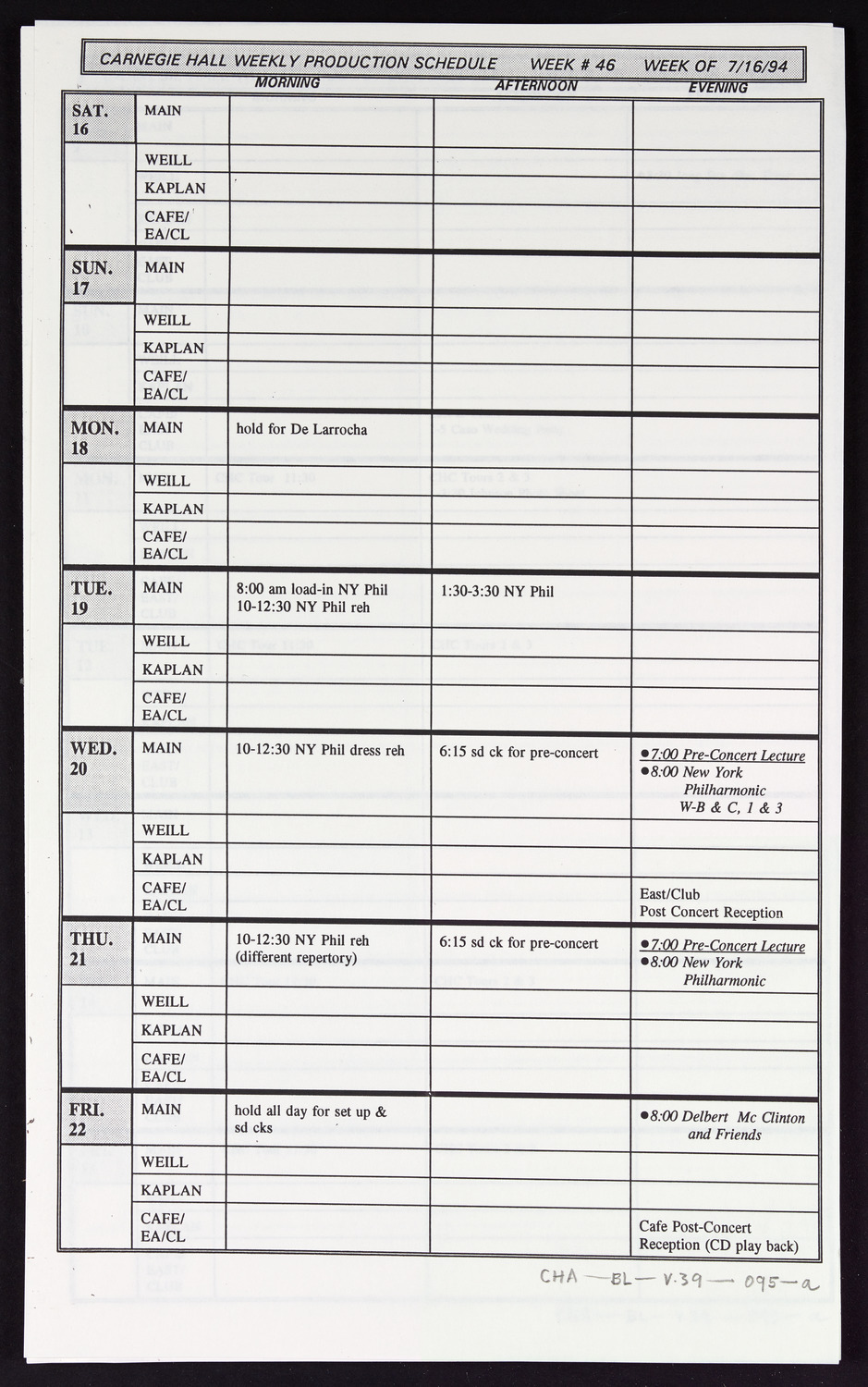 Carnegie Hall Booking Ledger, volume 39, page 95a