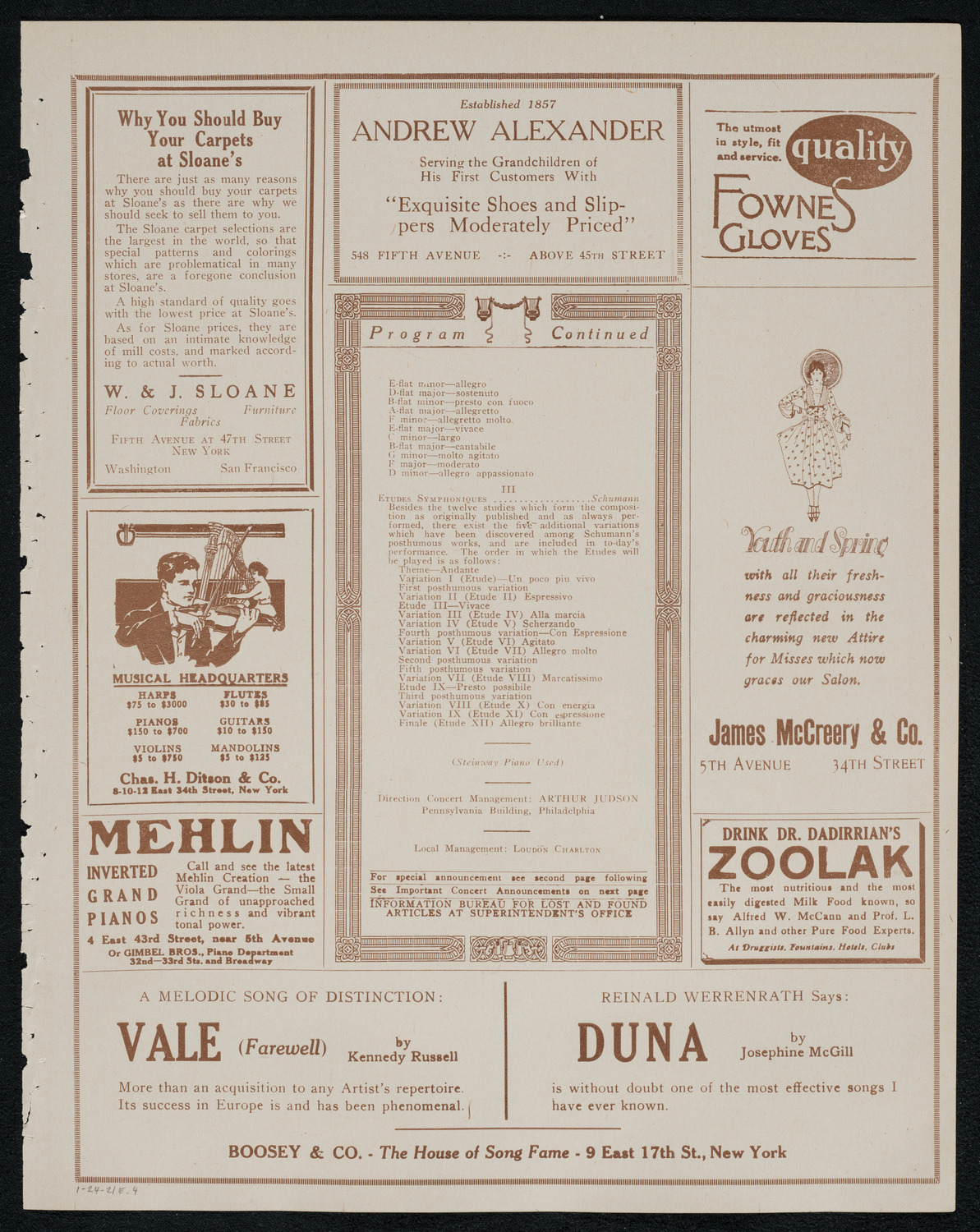 Alfred Cortot, Piano, January 24, 1921, program page 7