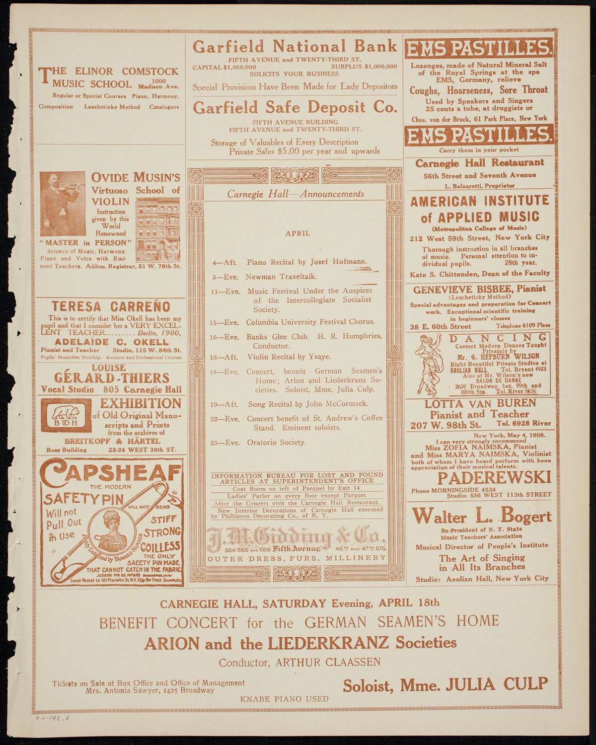 Schola Cantorum of New York, April 1, 1914, program page 3