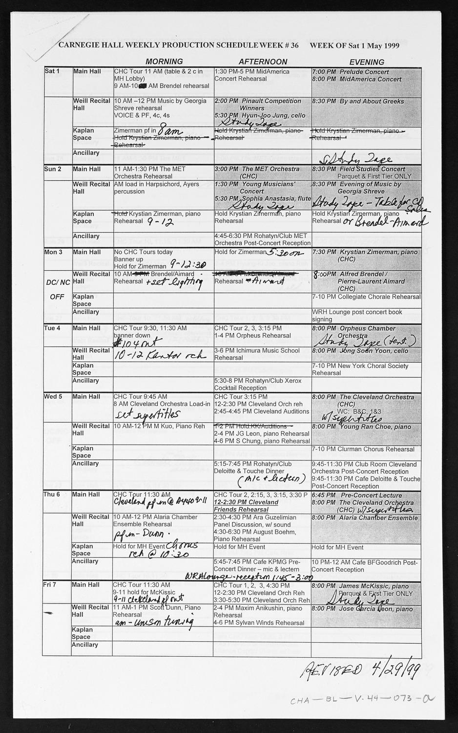 Carnegie Hall Booking Ledger, volume 44, page 73a