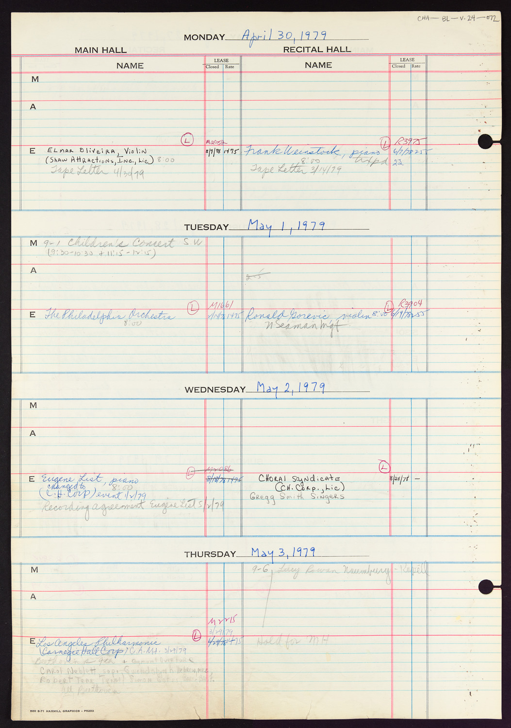 Carnegie Hall Booking Ledger, volume 24, page 72