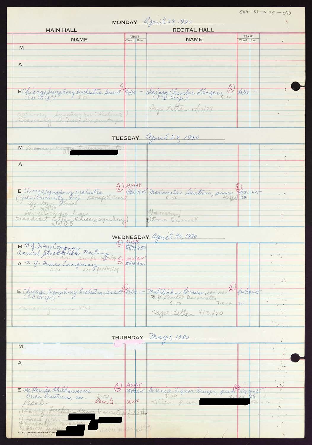 Carnegie Hall Booking Ledger, volume 25, page 70