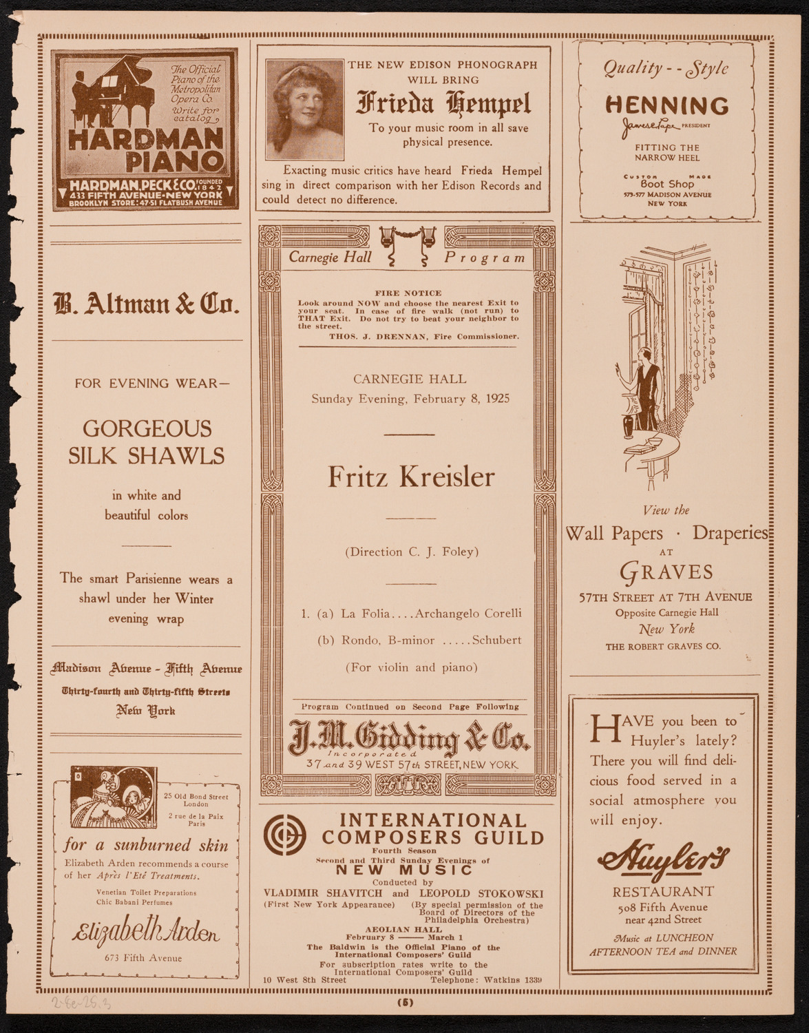 Fritz Kreisler, Violin, February 8, 1925, program page 5