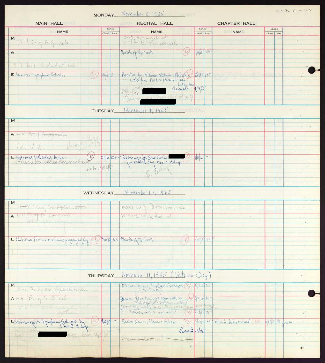 Carnegie Hall Booking Ledger, volume 11, page 22