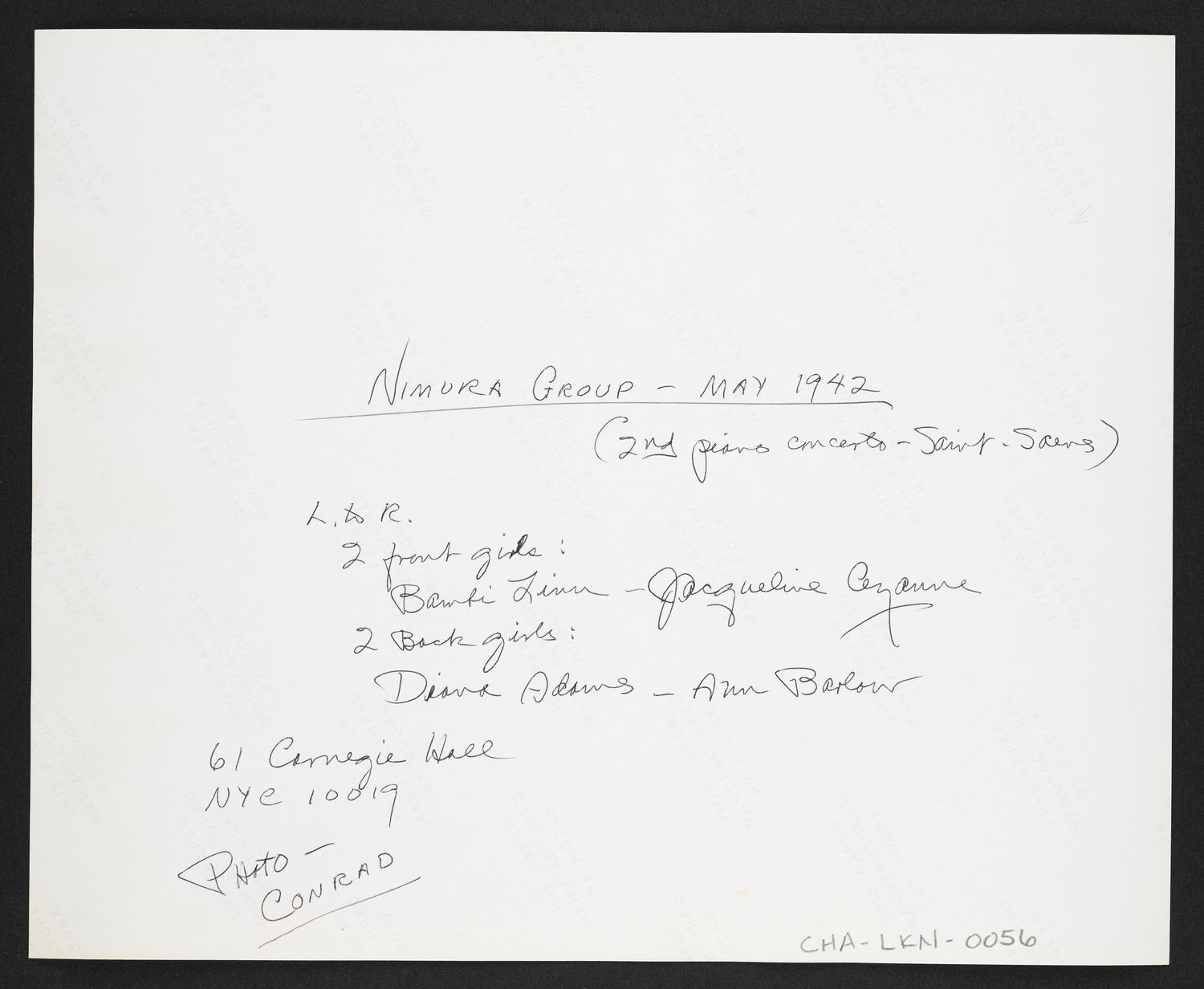 Bambi Linn, Jacqueline Cezanne, Diana Adams, and Ann Barlow at Ballet Arts, Carnegie Hall Studio #61, May 1942 (back)