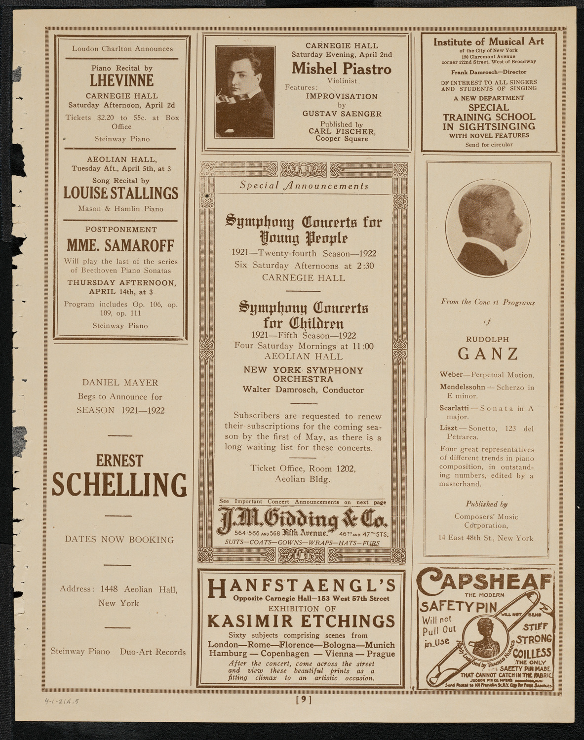 National Symphony Orchestra, April 1, 1921, program page 9