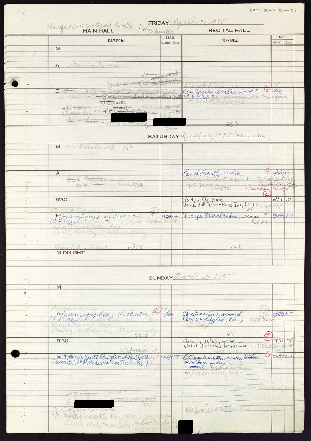 Carnegie Hall Booking Ledger, volume 40, page 71