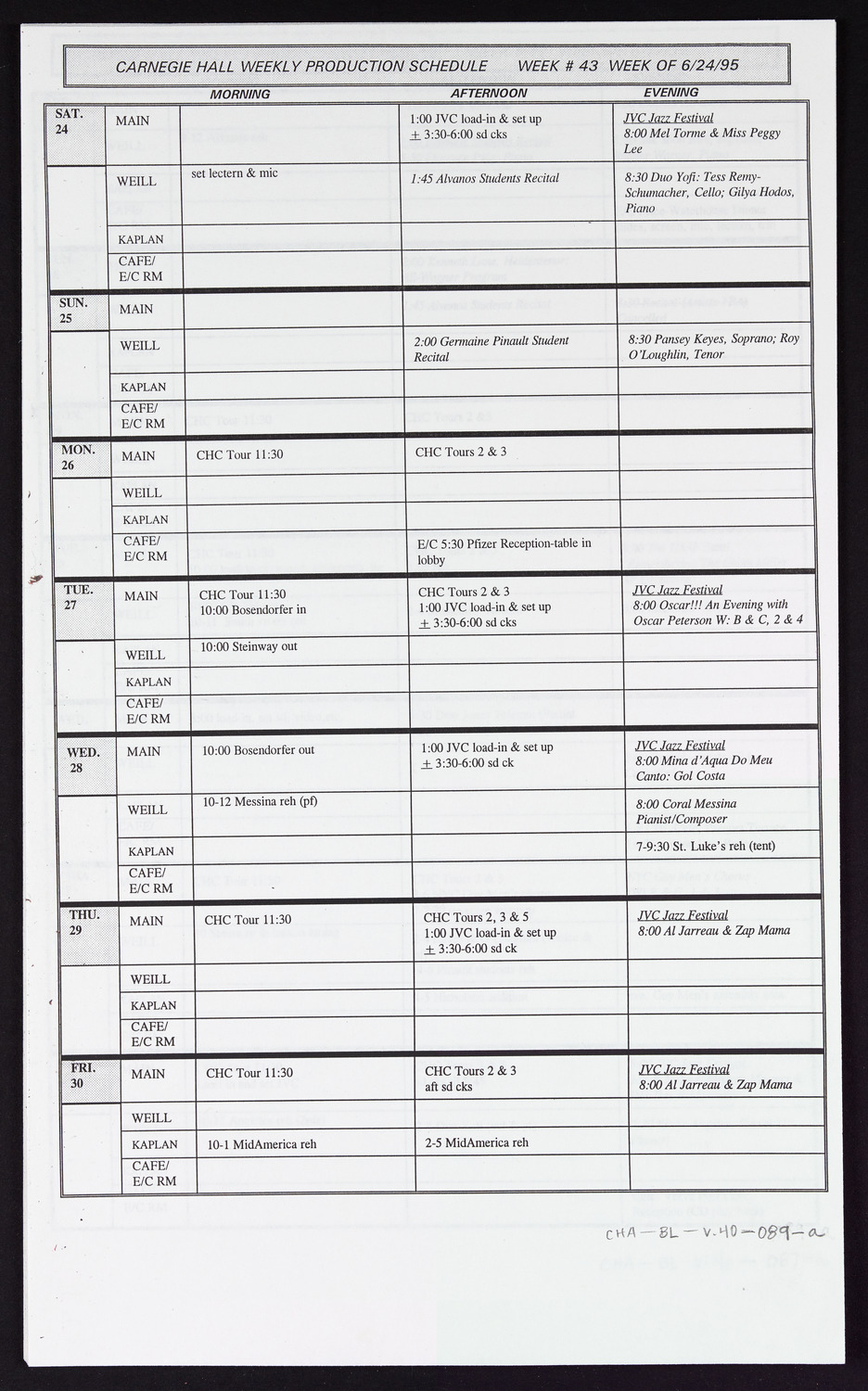 Carnegie Hall Booking Ledger, volume 40, page 89a