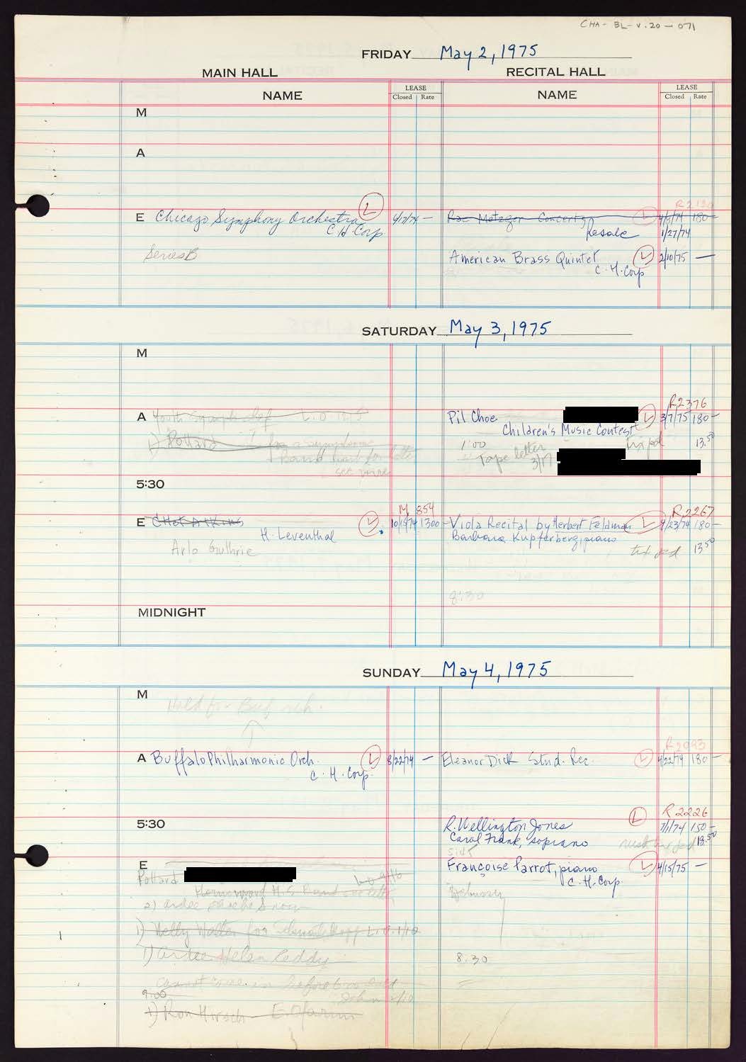 Carnegie Hall Booking Ledger, volume 20, page 71