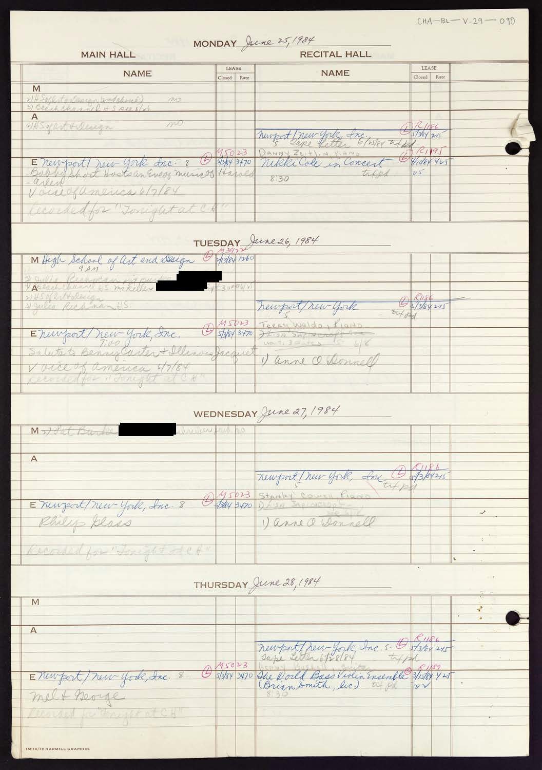 Carnegie Hall Booking Ledger, volume 29, page 90