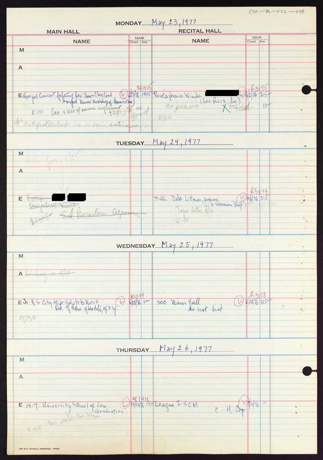 Carnegie Hall Booking Ledger, volume 22, page 78