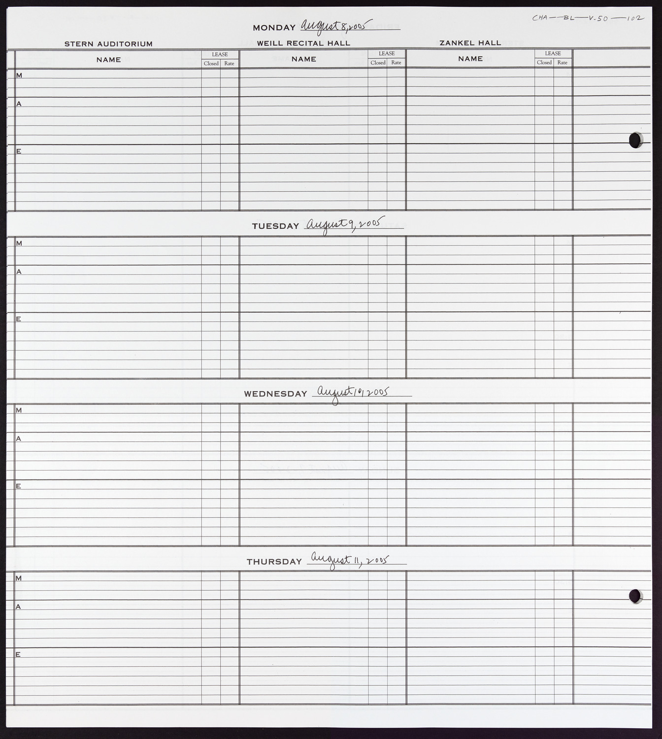 Carnegie Hall Booking Ledger, volume 50, page 102