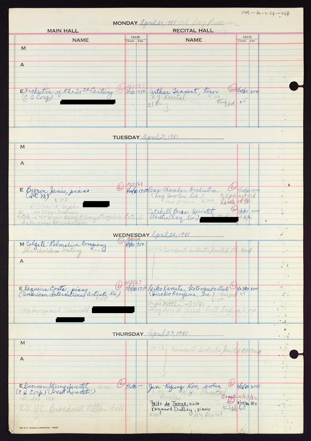 Carnegie Hall Booking Ledger, volume 26, page 68