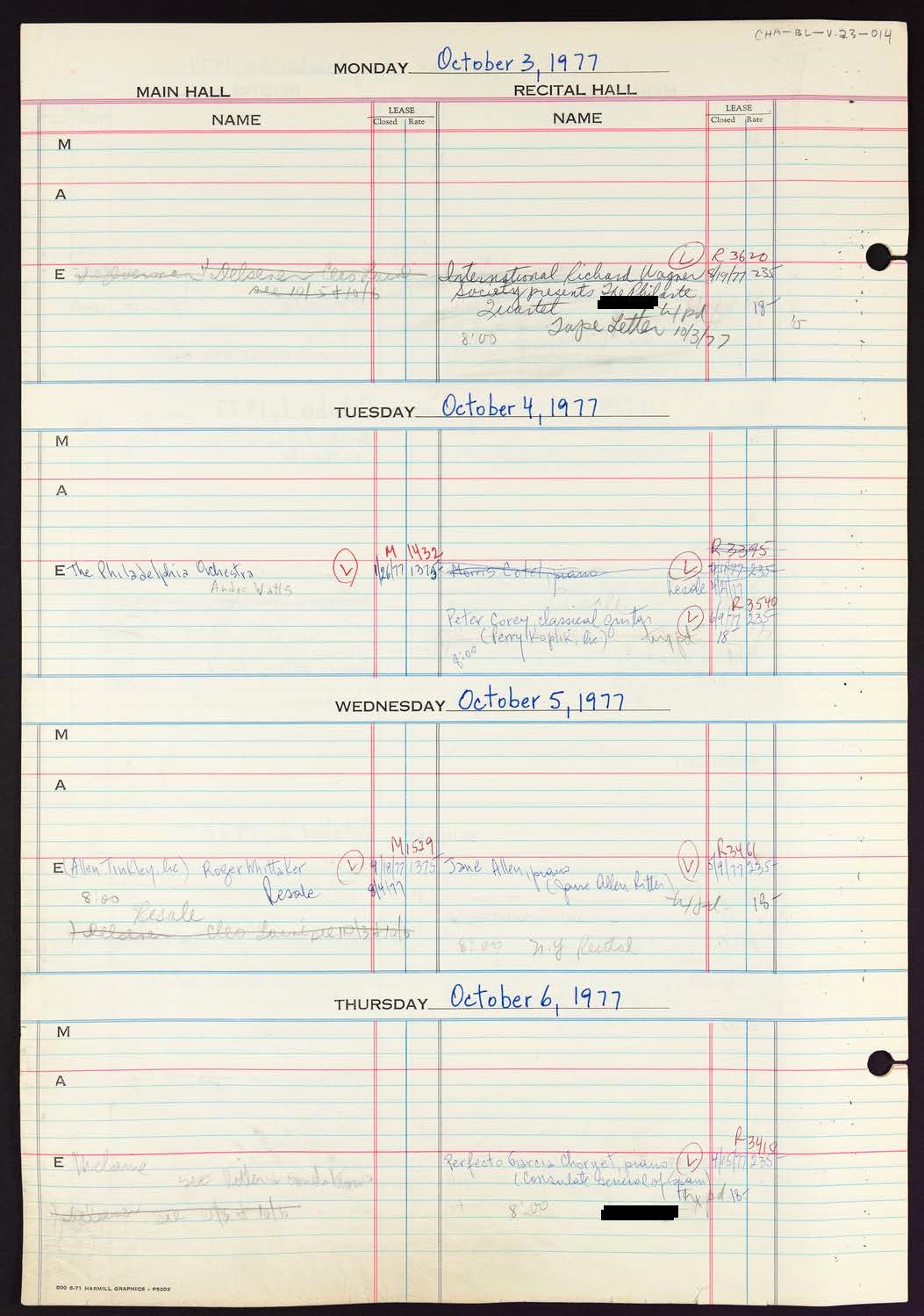 Carnegie Hall Booking Ledger, volume 23, page 14