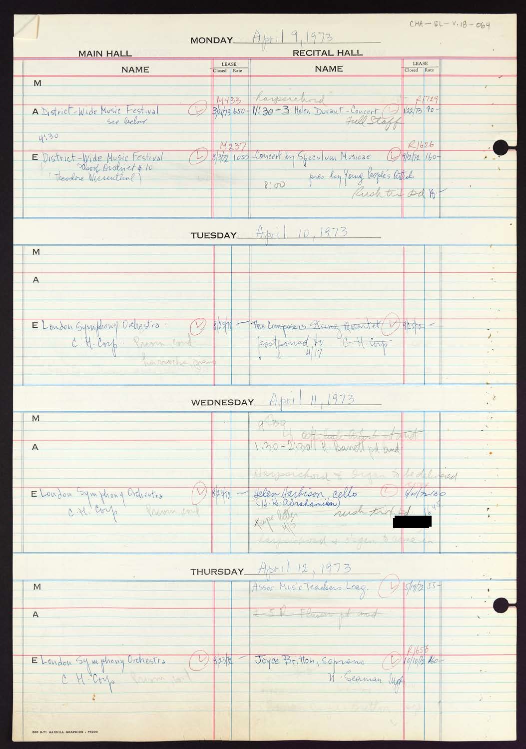 Carnegie Hall Booking Ledger, volume 18, page 64