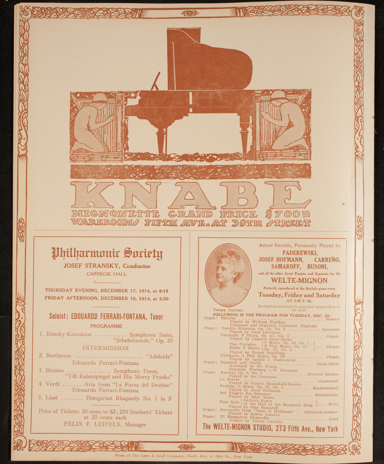Fritz Kreisler, Violin, December 12, 1914, program page 12