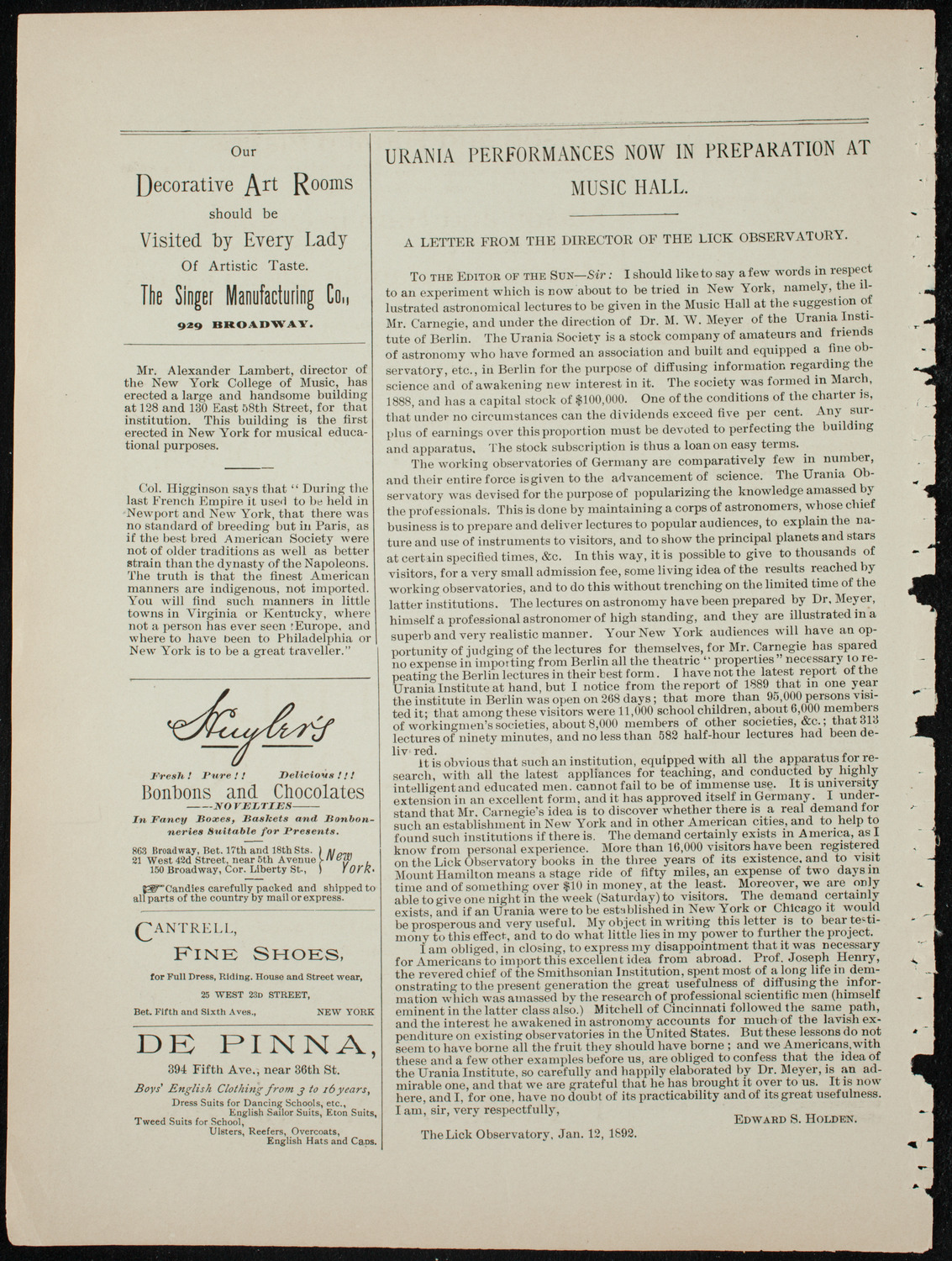 Damrosch Sunday Concert, January 31, 1892, program page 4
