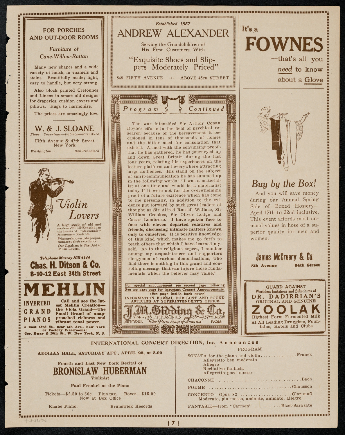 Sir Arthur Conan Doyle, April 21, 1922, program page 7