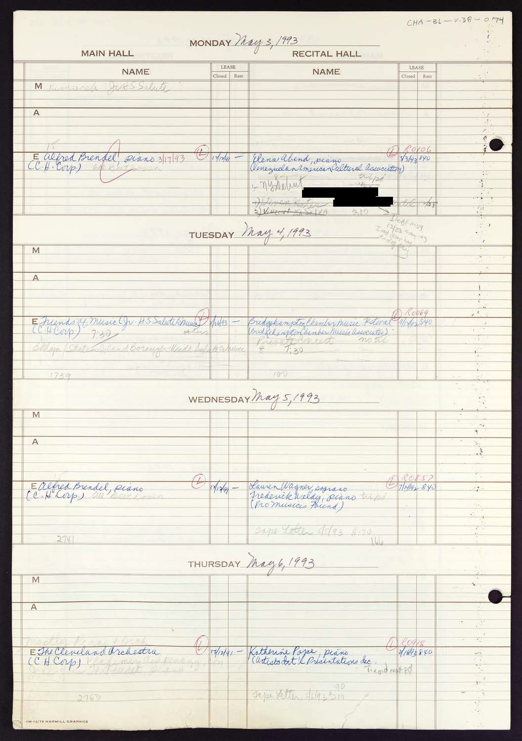 Carnegie Hall Booking Ledger, volume 38, page 74