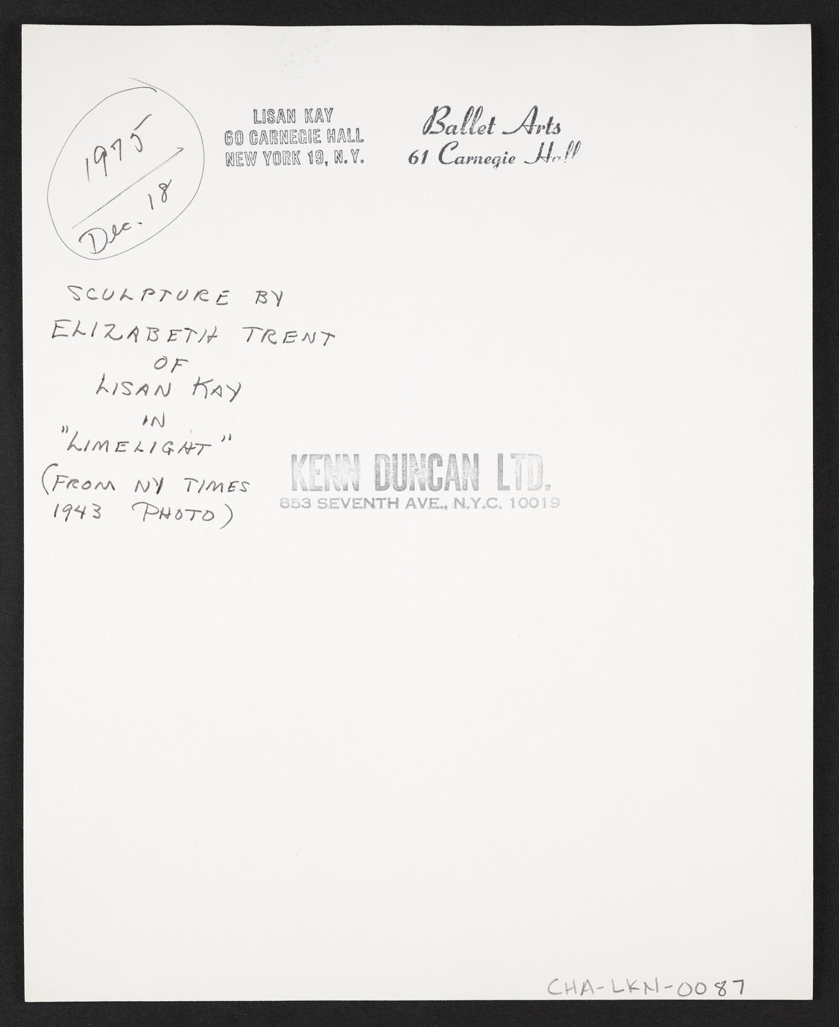 Sculpture by Elizabeth Trent of Lisan Kay in "Limelight" (1943), December 18, 1975 (back)