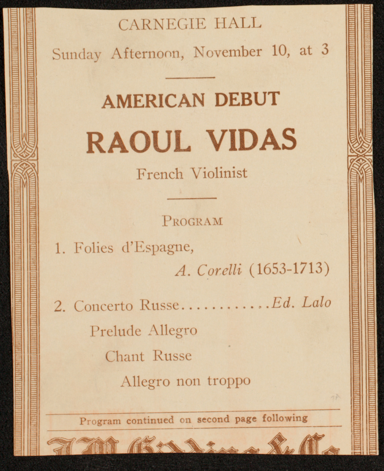 Raoul Vidas, Violin, November 10, 1918, program page 3