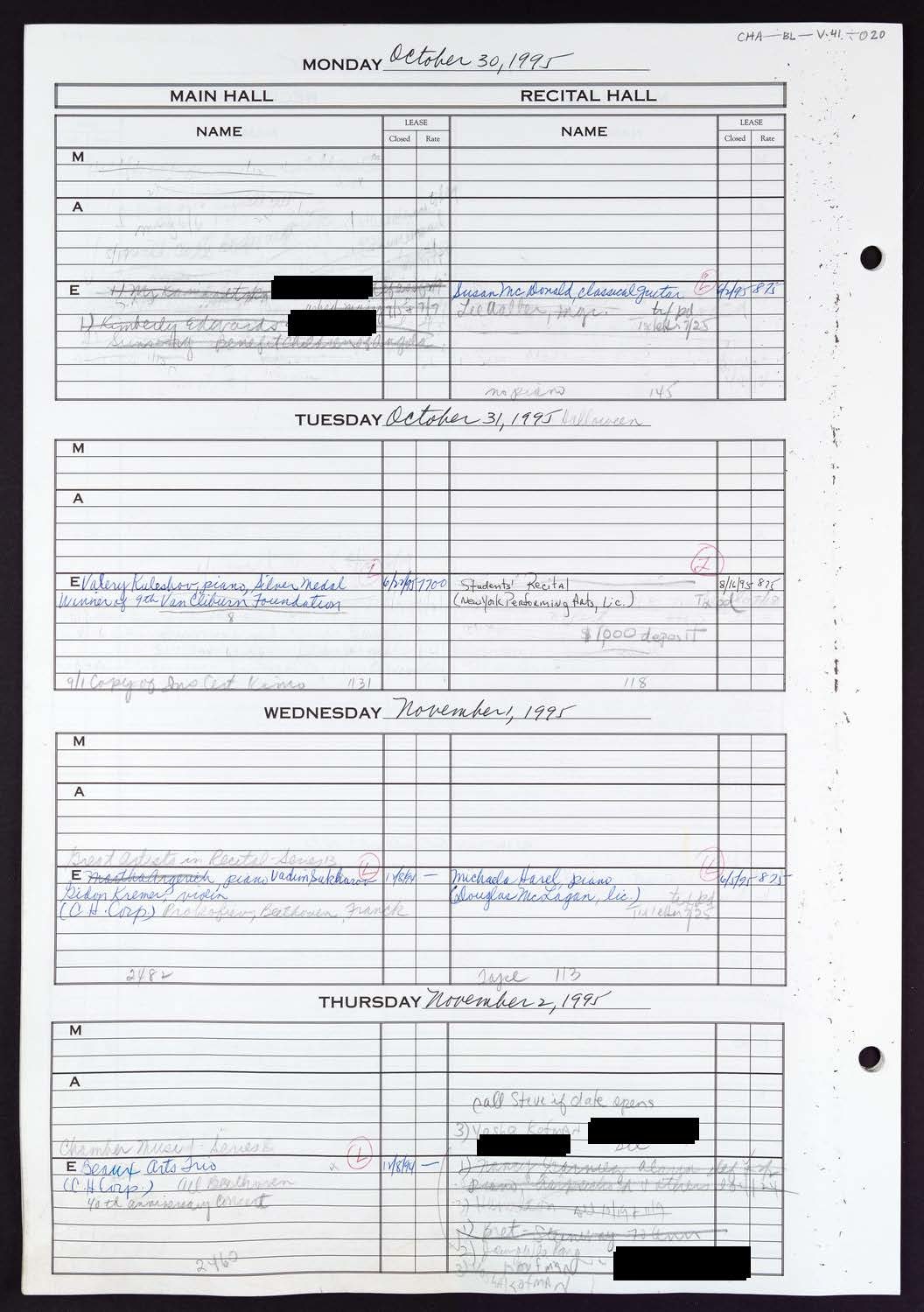 Carnegie Hall Booking Ledger, volume 41, page 20