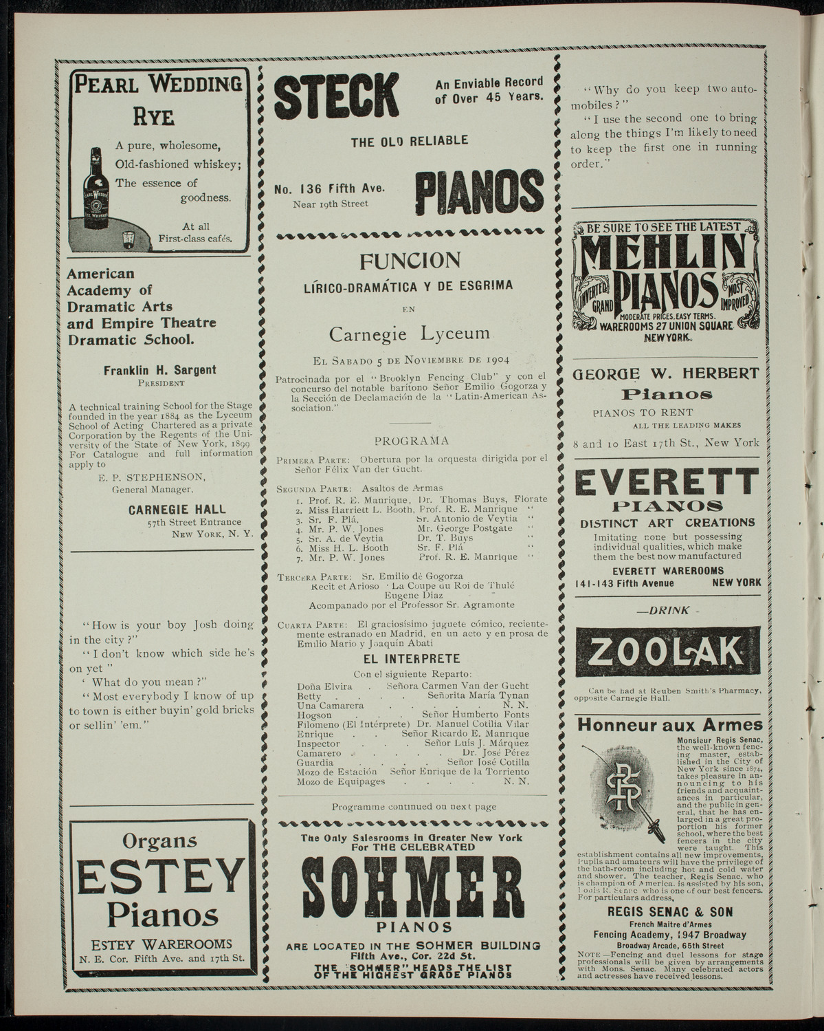 Funcion Lirico-Dramatico y de Esgrima, November 5, 1904, program page 2