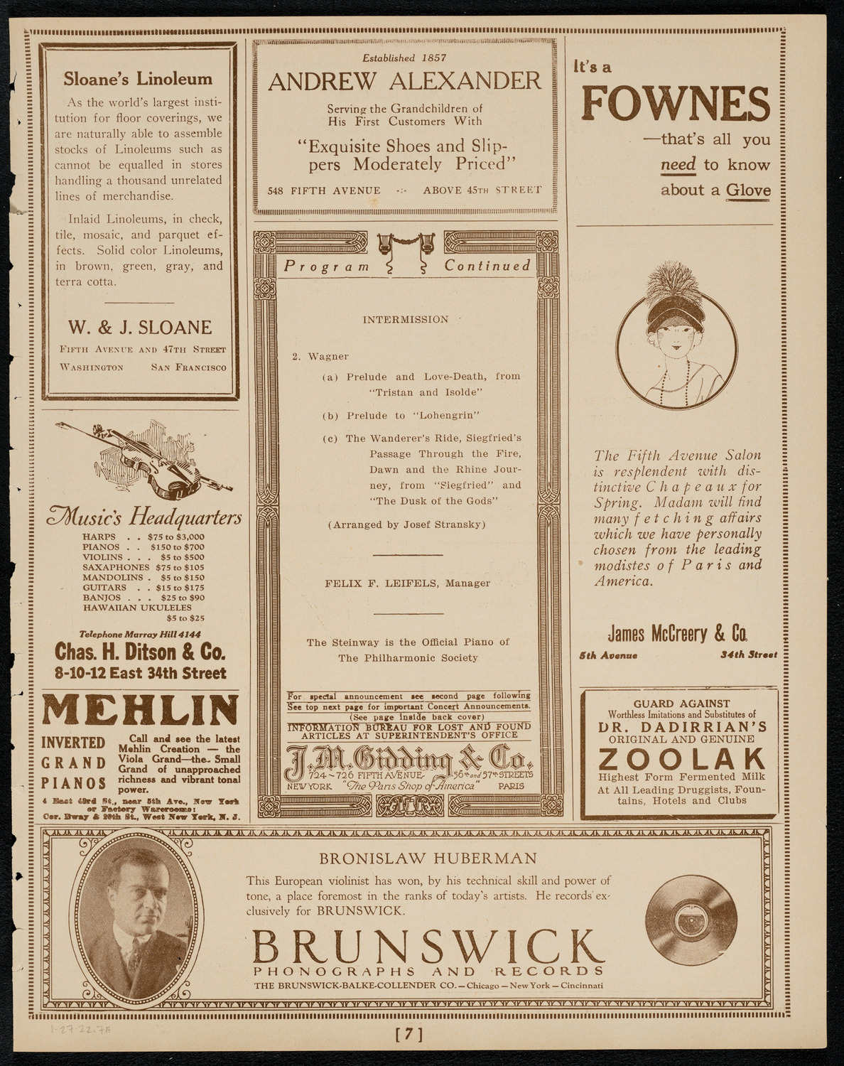New York Philarmonic, January 27, 1922, program page 7