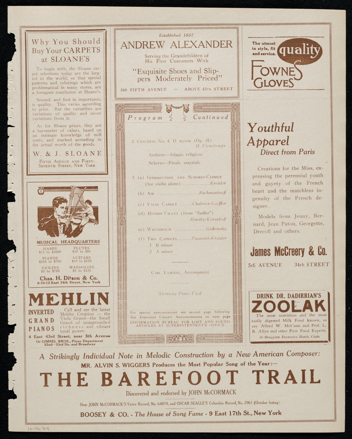 Fritz Kreisler, Violin, October 24, 1920, program page 7